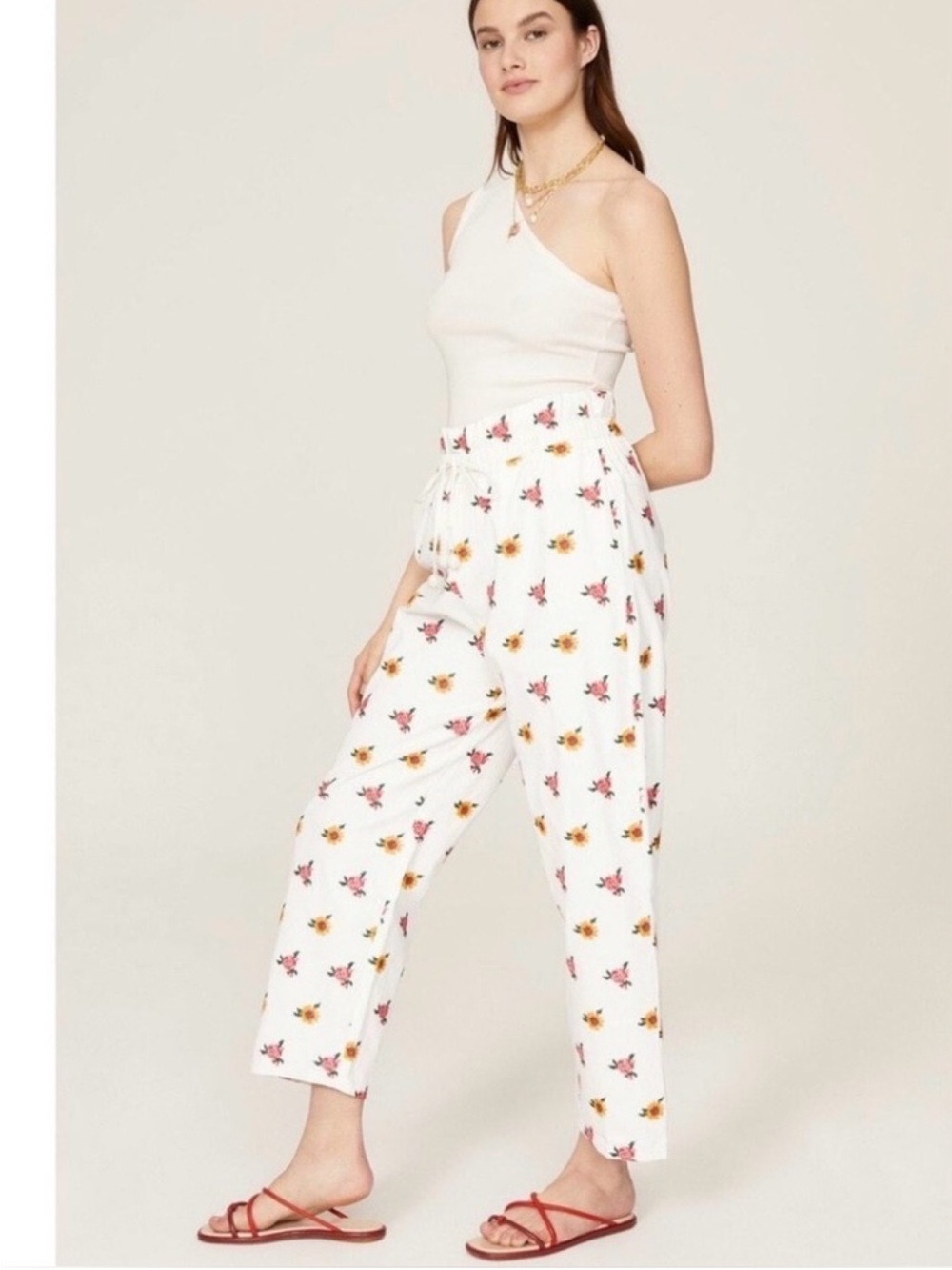 FARM RIO OFF WHITE PULL ON COTTON PANTS WITH EMBROIDERED FLOWERS SIZE SMALL